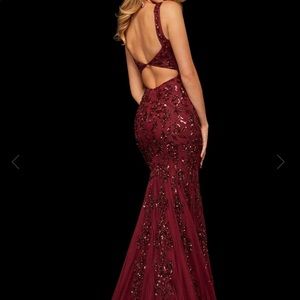 Sherri Hill Burgundy Beaded Mermaid Prom Dress